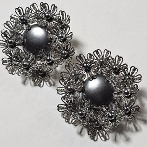 Vintage Large Round Silver Thin Metal Floral MCM Clip On Earrings